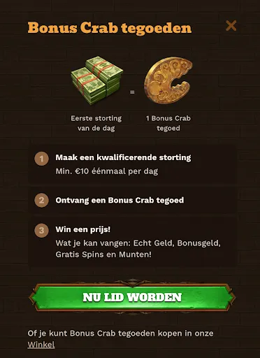 Bonus Crab tegoeden instructie met drie stappen en groene knop