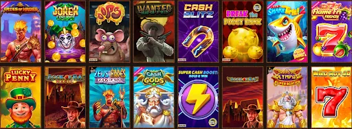 Collage van populaire gokkasten, waaronder “Gates of Hades”, “Joker Cashpot”, “Oops”, “Wanted Dead or a Wild”, “Cash Blitz”, en “Book of Ra Magic”