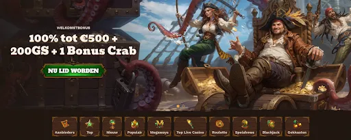 Welkomstbonus van 100% tot €500 + 200 gratis spins en 1 Bonus Crab met een piratenthema en goudschatten op het dek
