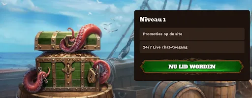 Schatkist met tentakels op een piratenschip en tekst over Niveau 1 voordelen